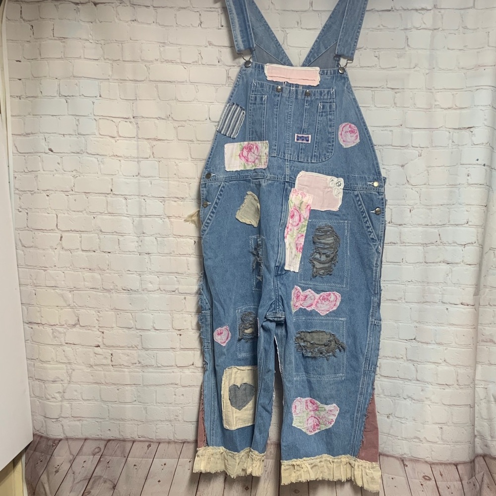 Vtg Upcycled Patchwork Denim Crop Ruffle Overalls Floral  Cottagecore  XL